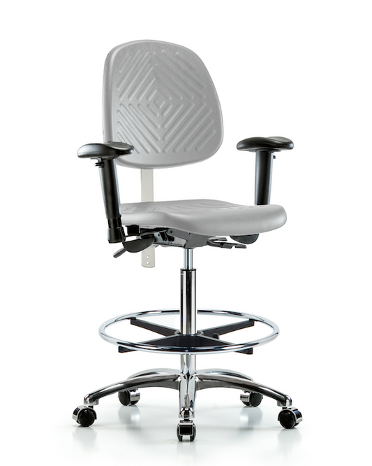 Blue Ridge Ergonomics NCR-PHBCH-MB-CR-T0-A1-CF-CC-GRY Class 100 Polyurethane Clean Room Chair - High Bench Height with Medium Back, Adjustable Arms, Chrome Foot Ring, & Casters in Gray Polyurethane