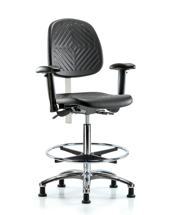 Blue Ridge Ergonomics NCR-PHBCH-MB-CR-T0-A1-CF-RG-BLK Class 100 Polyurethane Clean Room Chair - High Bench Height with Medium Back, Adjustable Arms, Chrome Foot Ring, & Stationary Glides in Black Polyurethane