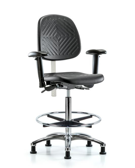 Blue Ridge Ergonomics NCR-PHBCH-MB-CR-T0-A1-CF-RG-BLK Class 100 Polyurethane Clean Room Chair - High Bench Height with Medium Back, Adjustable Arms, Chrome Foot Ring, & Stationary Glides in Black Polyurethane