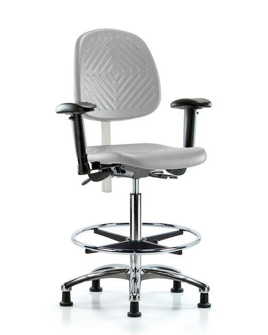 Blue Ridge Ergonomics NCR-PHBCH-MB-CR-T0-A1-CF-RG-GRY Class 100 Polyurethane Clean Room Chair - High Bench Height with Medium Back, Adjustable Arms, Chrome Foot Ring, & Stationary Glides in Gray Polyurethane