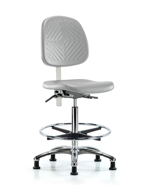 Blue Ridge Ergonomics NCR-PHBCH-MB-CR-T1-A0-CF-RG-GRY Class 100 Polyurethane Clean Room Chair - High Bench Height with Medium Back, Seat Tilt, Chrome Foot Ring, & Stationary Glides in Gray Polyurethane