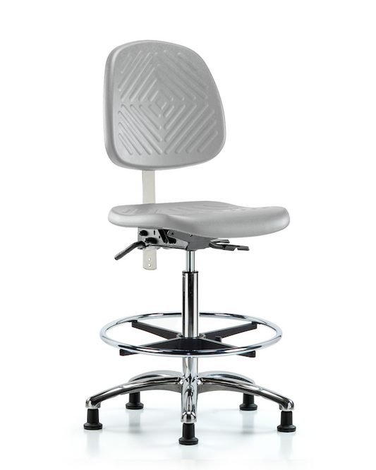Blue Ridge Ergonomics NCR-PHBCH-MB-CR-T1-A0-CF-RG-GRY Class 100 Polyurethane Clean Room Chair - High Bench Height with Medium Back, Seat Tilt, Chrome Foot Ring, & Stationary Glides in Gray Polyurethane