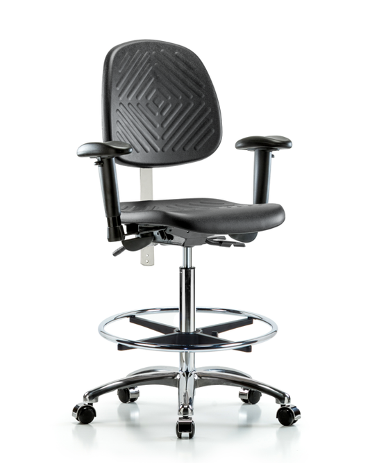 Blue Ridge Ergonomics NCR-PHBCH-MB-CR-T1-A1-CF-CC-BLK Class 100 Polyurethane Clean Room Chair - High Bench Height with Medium Back, Seat Tilt, Adjustable Arms, Chrome Foot Ring, & Casters in Black Polyurethane
