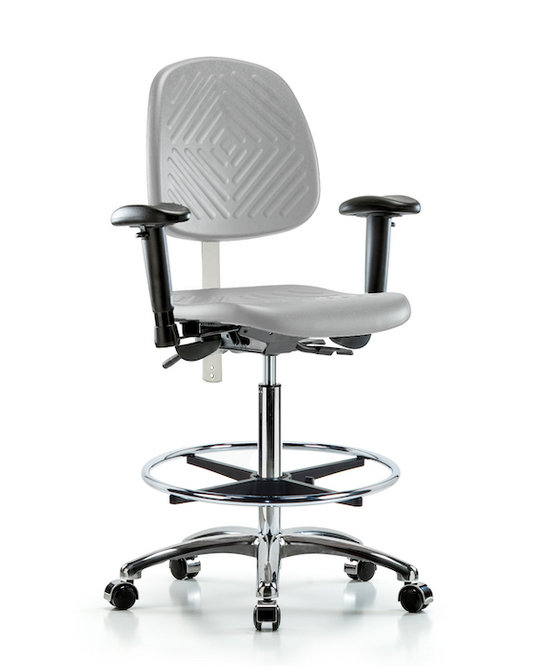 Blue Ridge Ergonomics NCR-PHBCH-MB-CR-T1-A1-CF-CC-GRY Class 100 Polyurethane Clean Room Chair - High Bench Height with Medium Back, Seat Tilt, Adjustable Arms, Chrome Foot Ring, & Casters in Gray Polyurethane