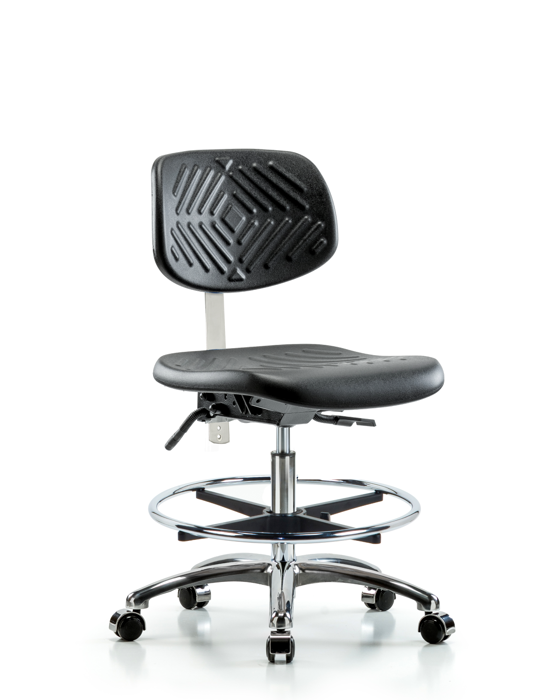 Blue Ridge Ergonomics NCR-PMBCH-CR-T0-A0-CF-CC-BLK Class 10 Polyurethane Clean Room Chair - Medium Bench Height with Chrome Foot Ring & Casters in Black Polyurethane