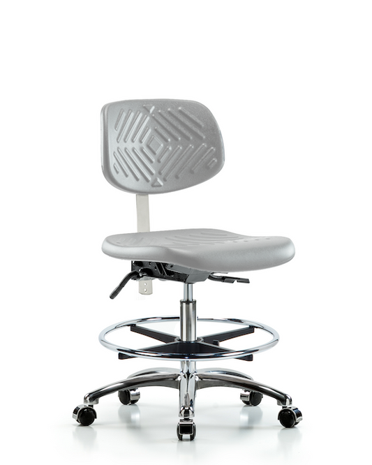 Blue Ridge Ergonomics NCR-PMBCH-CR-T0-A0-CF-CC-GRY Class 10 Polyurethane Clean Room Chair - Medium Bench Height with Chrome Foot Ring & Casters in Gray Polyurethane