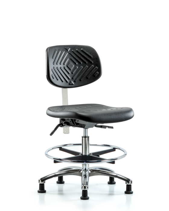 Blue Ridge Ergonomics NCR-PMBCH-CR-T0-A0-CF-RG-BLK Class 10 Polyurethane Clean Room Chair - Medium Bench Height with Chrome Foot Ring & Stationary Glides in Black Polyurethane