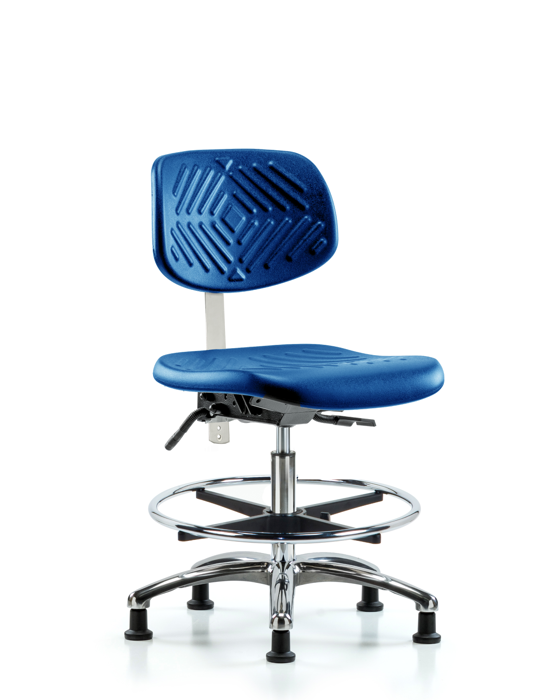 Blue Ridge Ergonomics NCR-PMBCH-CR-T0-A0-CF-RG-BLU Class 10 Polyurethane Clean Room Chair - Medium Bench Height with Chrome Foot Ring & Stationary Glides in Blue Polyurethane