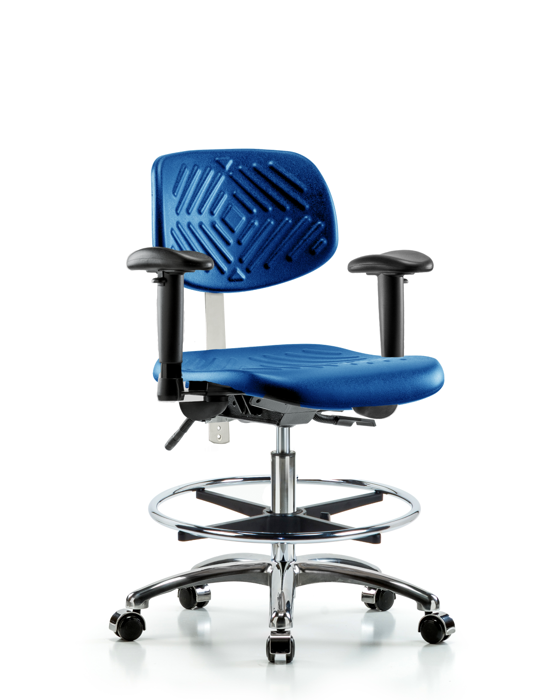 Blue Ridge Ergonomics NCR-PMBCH-CR-T0-A1-CF-CC-BLU Class 100 Polyurethane Clean Room Chair - Medium Bench Height with Adjustable Arms, Chrome Foot Ring, & Casters in Blue Polyurethane