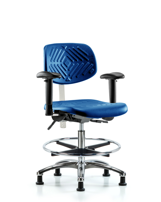 Blue Ridge Ergonomics NCR-PMBCH-CR-T0-A1-CF-RG-BLU Class 100 Polyurethane Clean Room Chair - Medium Bench Height with Adjustable Arms, Chrome Foot Ring, & Stationary Glides in Blue Polyurethane