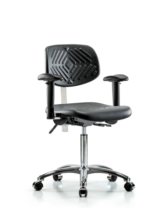 Blue Ridge Ergonomics NCR-PMBCH-CR-T0-A1-NF-CC-BLK Class 100 Polyurethane Clean Room Chair - Medium Bench Height with Adjustable Arms & Casters in Black Polyurethane