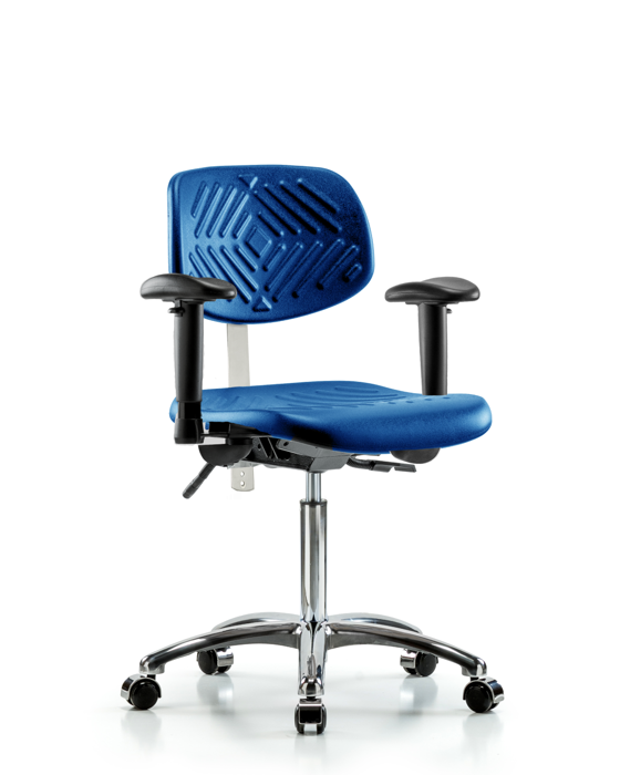 Blue Ridge Ergonomics NCR-PMBCH-CR-T0-A1-NF-CC-BLU Class 100 Polyurethane Clean Room Chair - Medium Bench Height with Adjustable Arms & Casters in Blue Polyurethane