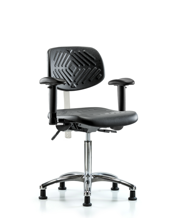 Blue Ridge Ergonomics NCR-PMBCH-CR-T0-A1-NF-RG-BLK Class 100 Polyurethane Clean Room Chair - Medium Bench Height with Adjustable Arms & Stationary Glides in Black Polyurethane