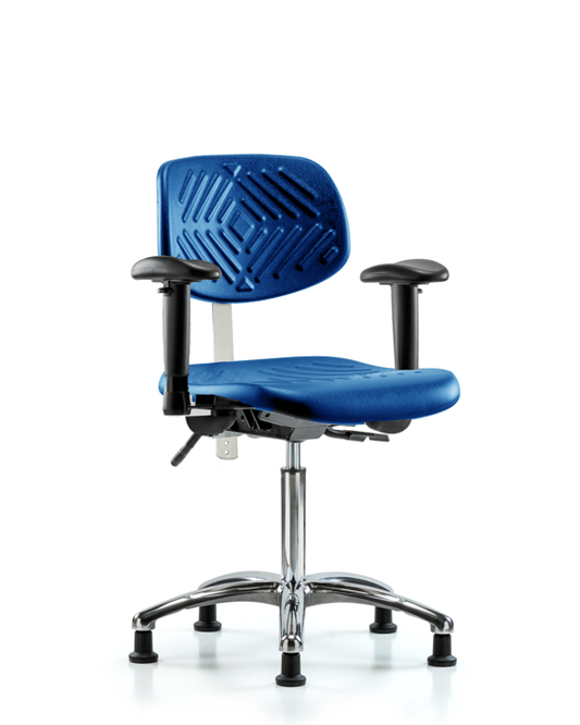 Blue Ridge Ergonomics NCR-PMBCH-CR-T0-A1-NF-RG-BLU Class 100 Polyurethane Clean Room Chair - Medium Bench Height with Adjustable Arms & Stationary Glides in Blue Polyurethane