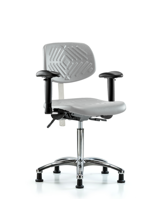 Blue Ridge Ergonomics NCR-PMBCH-CR-T0-A1-NF-RG-GRY Class 100 Polyurethane Clean Room Chair - Medium Bench Height with Adjustable Arms & Stationary Glides in Gray Polyurethane