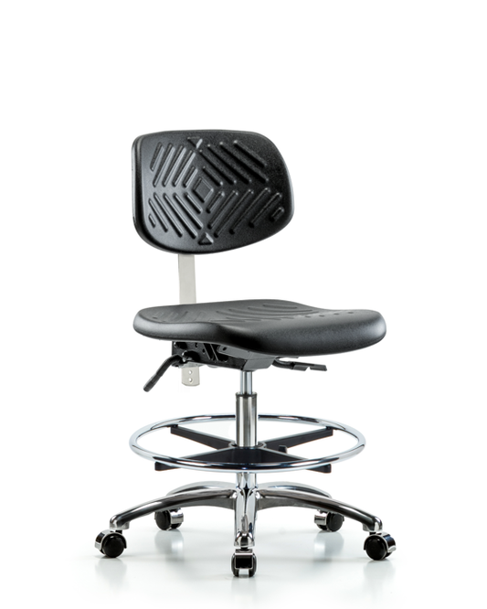 Blue Ridge Ergonomics NCR-PMBCH-CR-T1-A0-CF-CC-BLK Class 100 Polyurethane Clean Room Chair - Medium Bench Height with Seat Tilt, Chrome Foot Ring, & Casters in Black Polyurethane