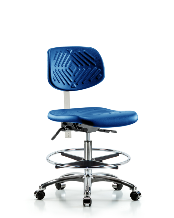 Blue Ridge Ergonomics NCR-PMBCH-CR-T1-A0-CF-CC-BLU Class 100 Polyurethane Clean Room Chair - Medium Bench Height with Seat Tilt, Chrome Foot Ring, & Casters in Blue Polyurethane