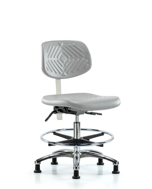 Blue Ridge Ergonomics NCR-PMBCH-CR-T1-A0-CF-RG-GRY Class 100 Polyurethane Clean Room Chair - Medium Bench Height with Seat Tilt, Chrome Foot Ring, & Stationary Glides in Gray Polyurethane