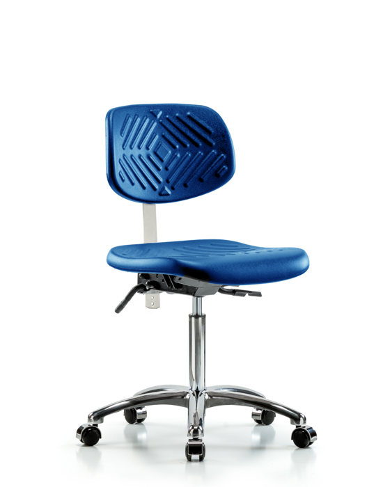 Blue Ridge Ergonomics NCR-PMBCH-CR-T1-A0-NF-CC-BLU Class 100 Polyurethane Clean Room Chair - Medium Bench Height with Seat Tilt & Casters in Blue Polyurethane