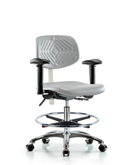 Blue Ridge Ergonomics NCR-PMBCH-CR-T1-A1-CF-CC-GRY Class 100 Polyurethane Clean Room Chair - Medium Bench Height with Seat Tilt, Adjustable Arms, Chrome Foot Ring, & Casters in Gray Polyurethane