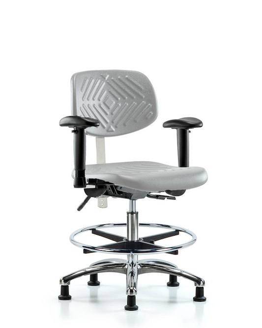 Blue Ridge Ergonomics NCR-PMBCH-CR-T1-A1-CF-RG-GRY Class 100 Polyurethane Clean Room Chair - Medium Bench Height with Seat Tilt, Adjustable Arms, Chrome Foot Ring, & Stationary Glides in Gray Polyurethane