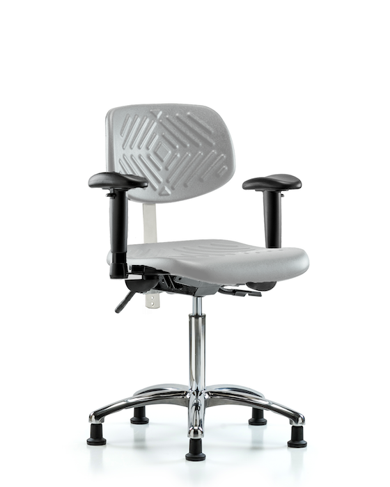 Blue Ridge Ergonomics NCR-PMBCH-CR-T1-A1-NF-RG-GRY Class 100 Polyurethane Clean Room Chair - Medium Bench Height with Seat Tilt, Adjustable Arms, & Stationary Glides in Gray Polyurethane