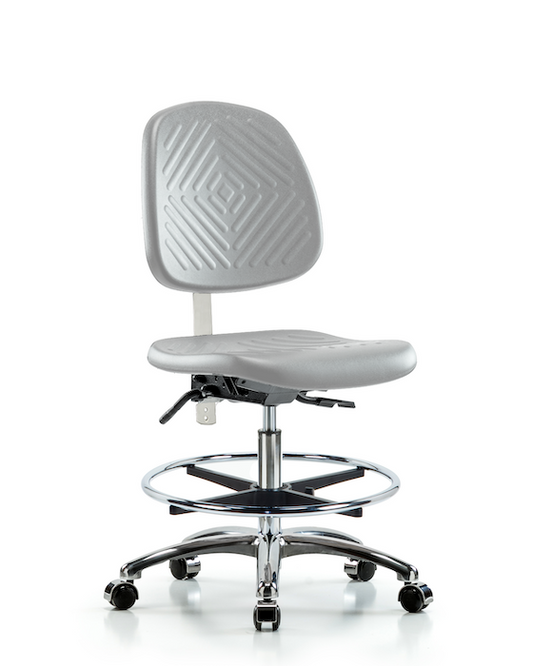 Blue Ridge Ergonomics NCR-PMBCH-MB-CR-T0-A0-CF-CC-GRY Class 10 Polyurethane Clean Room Chair - Medium Bench Height with Medium Back & Casters in Gray Polyurethane