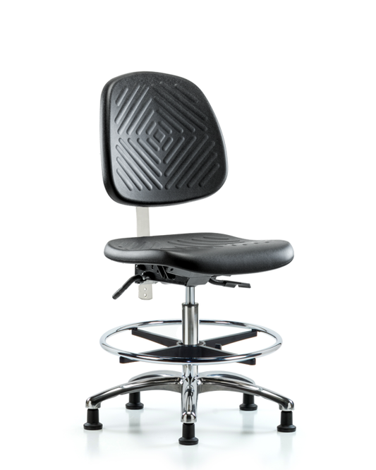 Blue Ridge Ergonomics NCR-PMBCH-MB-CR-T0-A0-CF-RG-BLK Class 10 Polyurethane Clean Room Chair - Medium Bench Height with Medium Back & Stationary Glides in Black Polyurethane