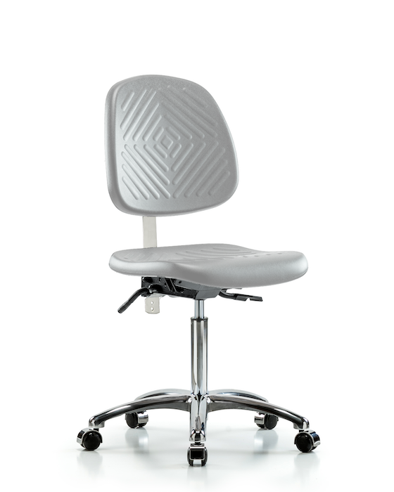 Blue Ridge Ergonomics NCR-PMBCH-MB-CR-T0-A0-NF-CC-GRY Class 10 Polyurethane Clean Room Chair - Medium Bench Height with Medium Back & Casters in Gray Polyurethane