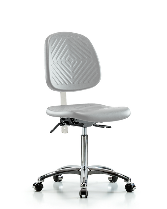Blue Ridge Ergonomics NCR-PMBCH-MB-CR-T0-A0-NF-CC-GRY Class 10 Polyurethane Clean Room Chair - Medium Bench Height with Medium Back & Casters in Gray Polyurethane