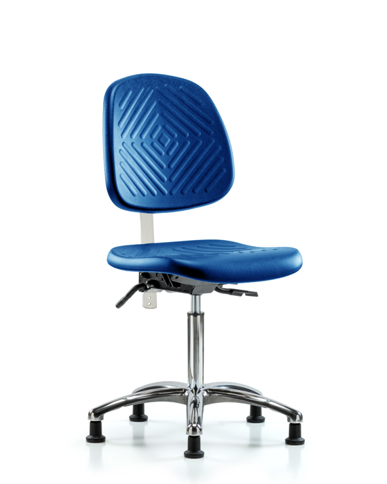 Blue Ridge Ergonomics NCR-PMBCH-MB-CR-T0-A0-NF-RG-BLU Class 10 Polyurethane Clean Room Chair - Medium Bench Height with Medium Back & Stationary Glides in Blue Polyurethane