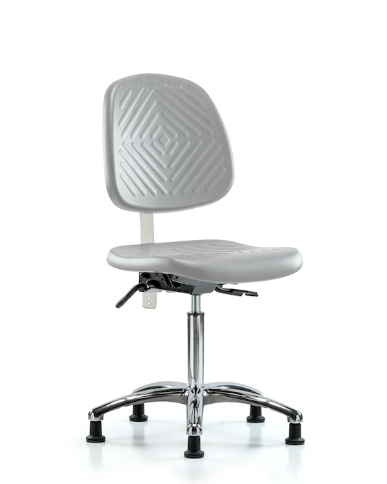 Blue Ridge Ergonomics NCR-PMBCH-MB-CR-T0-A0-NF-RG-GRY Class 10 Polyurethane Clean Room Chair - Medium Bench Height with Medium Back & Stationary Glides in Gray Polyurethane