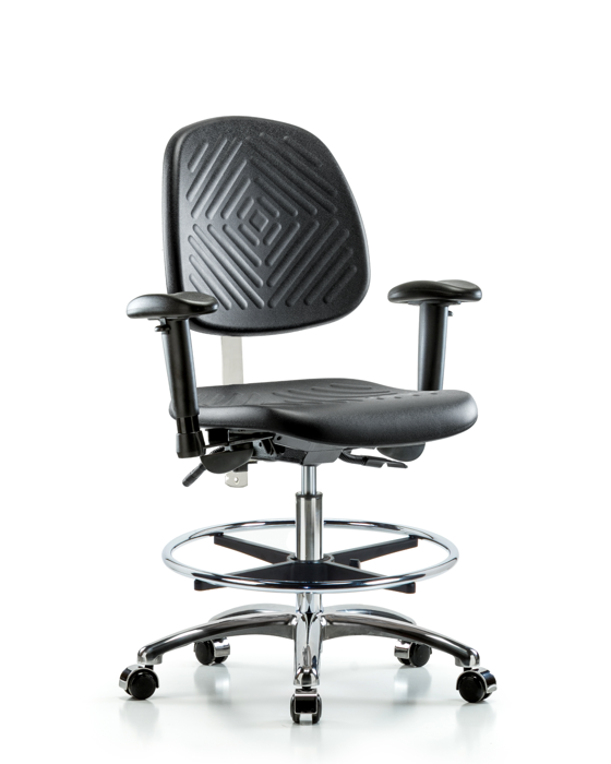 Blue Ridge Ergonomics NCR-PMBCH-MB-CR-T0-A1-CF-CC-BLK Class 100 Polyurethane Clean Room Chair - Medium Bench Height with Medium Back, Adjustable Arms, Chrome Foot Ring, & Casters in Black Polyurethane