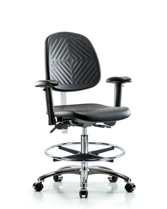 Blue Ridge Ergonomics NCR-PMBCH-MB-CR-T0-A1-CF-CC-BLK Class 100 Polyurethane Clean Room Chair - Medium Bench Height with Medium Back, Adjustable Arms, Chrome Foot Ring, & Casters in Black Polyurethane