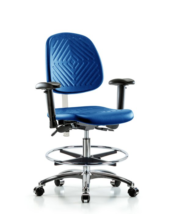Blue Ridge Ergonomics NCR-PMBCH-MB-CR-T0-A1-CF-CC-BLU Class 100 Polyurethane Clean Room Chair - Medium Bench Height with Medium Back, Adjustable Arms, Chrome Foot Ring, & Casters in Blue Polyurethane
