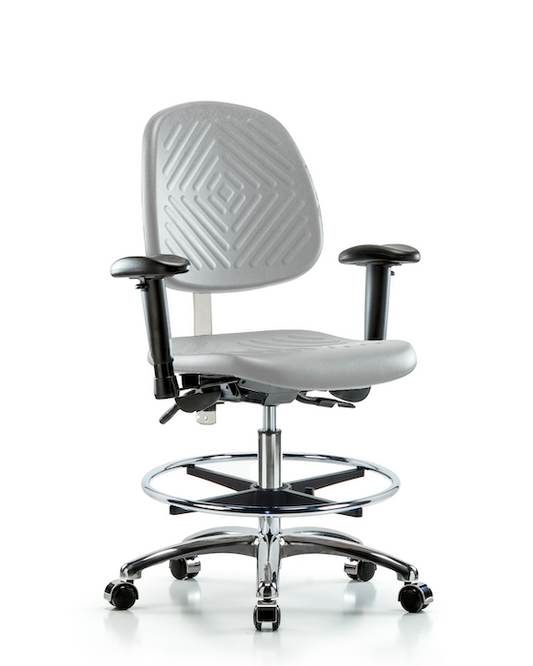Blue Ridge Ergonomics NCR-PMBCH-MB-CR-T0-A1-CF-CC-GRY Class 100 Polyurethane Clean Room Chair - Medium Bench Height with Medium Back, Adjustable Arms, Chrome Foot Ring, & Casters in Gray Polyurethane