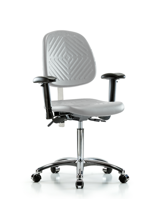 Blue Ridge Ergonomics NCR-PMBCH-MB-CR-T0-A1-NF-CC-GRY Class 100 Polyurethane Clean Room Chair - Medium Bench Height with Medium Back, Adjustable Arms, & Casters in Gray Polyurethane
