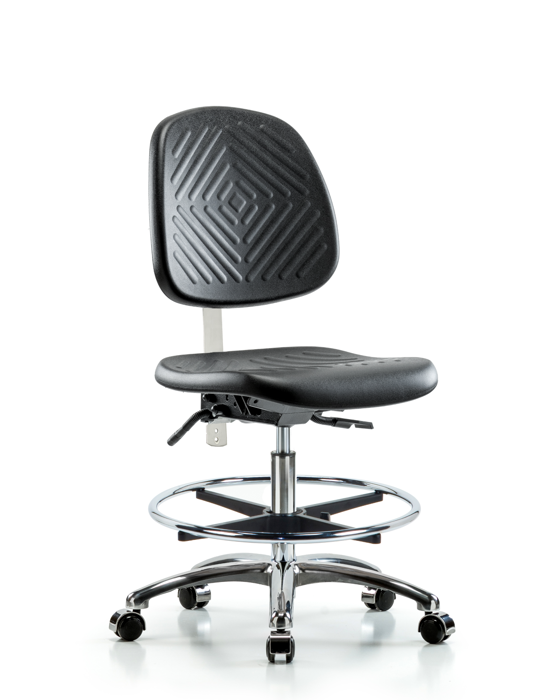 Blue Ridge Ergonomics NCR-PMBCH-MB-CR-T1-A0-CF-CC-BLK Class 100 Polyurethane Clean Room Chair - Medium Bench Height with Medium Back, Seat Tilt, Chrome Foot Ring, & Casters in Black Polyurethane