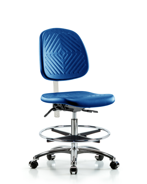 Blue Ridge Ergonomics NCR-PMBCH-MB-CR-T1-A0-CF-CC-BLU Class 100 Polyurethane Clean Room Chair - Medium Bench Height with Medium Back, Seat Tilt, Chrome Foot Ring, & Casters in Blue Polyurethane