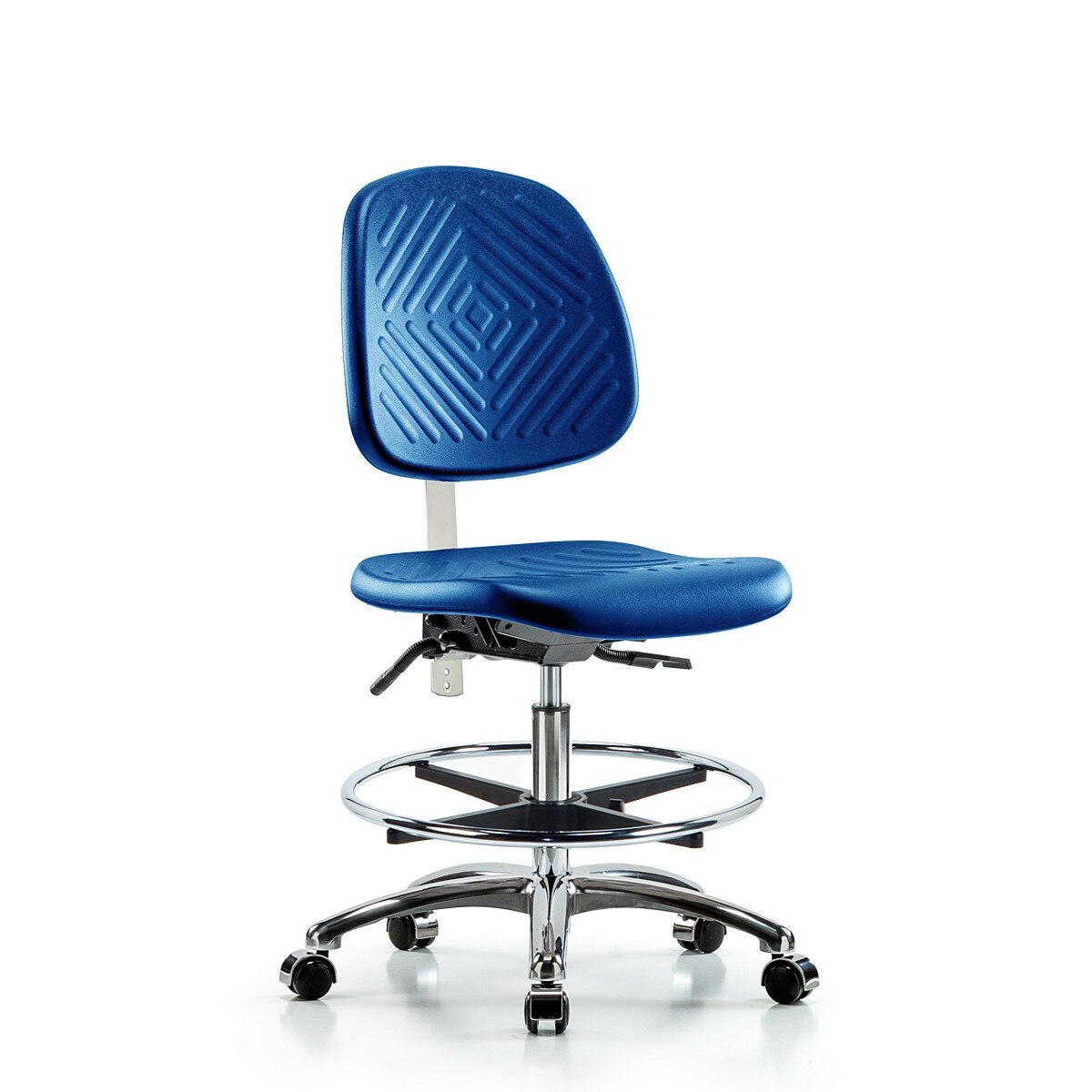 Blue Ridge Ergonomics NCR-PMBCH-MB-CR-T1-A1-CF-CC-BLU Class 100 Polyurethane Clean Room Chair - Medium Bench Height with Medium Back, Seat Tilt, Adjustable Arms, Chrome Foot Ring, & Casters in Blue Polyurethane