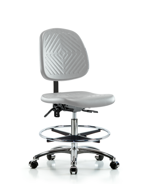 Blue Ridge Ergonomics NCR-PMBCH-MB-CR-T1-A0-CF-CC-GRY Class 100 Polyurethane Clean Room Chair - Medium Bench Height with Medium Back, Seat Tilt, Chrome Foot Ring, & Casters in Gray Polyurethane