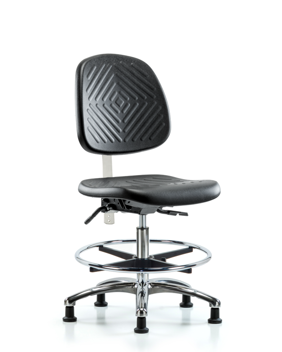 Blue Ridge Ergonomics NCR-PMBCH-MB-CR-T1-A0-CF-RG-BLK Class 100 Polyurethane Clean Room Chair - Medium Bench Height with Medium Back, Seat Tilt, Chrome Foot Ring, & Stationary Glides in Black Polyurethane