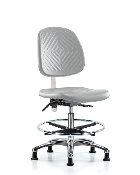 Blue Ridge Ergonomics NCR-PMBCH-MB-CR-T1-A0-CF-RG-GRY Class 100 Polyurethane Clean Room Chair - Medium Bench Height with Medium Back, Seat Tilt, Chrome Foot Ring, & Stationary Glides in Gray Polyurethane