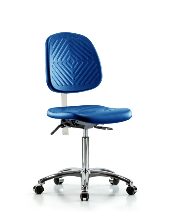 Blue Ridge Ergonomics NCR-PMBCH-MB-CR-T1-A0-NF-CC-BLU Class 100 Polyurethane Clean Room Chair - Medium Bench Height with Medium Back, Seat Tilt, & Casters in Blue Polyurethane