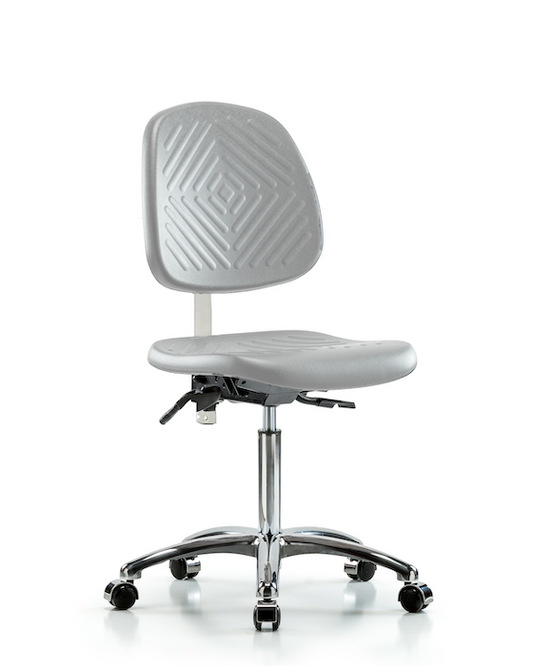 Blue Ridge Ergonomics NCR-PMBCH-MB-CR-T1-A0-NF-CC-GRY Class 100 Polyurethane Clean Room Chair - Medium Bench Height with Medium Back, Seat Tilt, & Casters in Gray Polyurethane