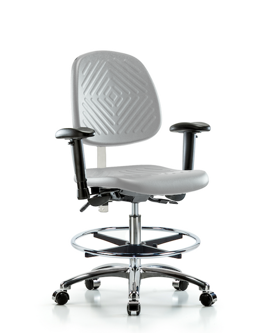 Blue Ridge Ergonomics NCR-PMBCH-MB-CR-T1-A1-CF-CC-GRY Class 100 Polyurethane Clean Room Chair - Medium Bench Height with Medium Back, Seat Tilt, Adjustable Arms, Chrome Foot Ring, & Casters in Gray Polyurethane