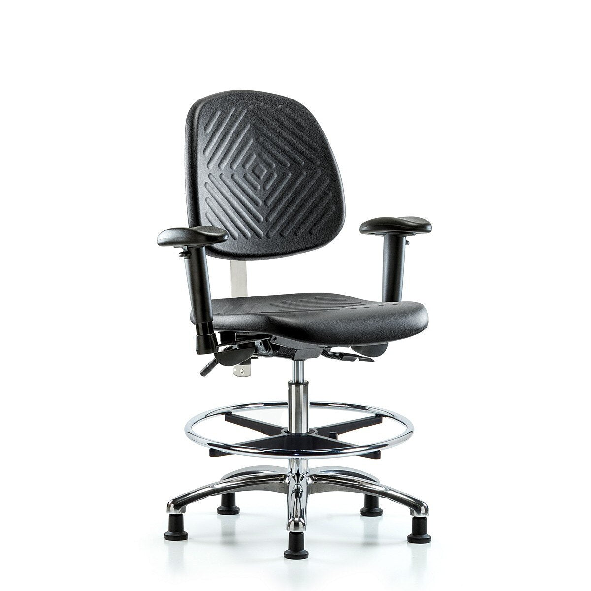 Blue Ridge Ergonomics PMBCH-MB-CR-T1-A1-CF-RG-BLK Polyurethane Chair Chrome - Medium Bench Height with Medium Back, Seat Tilt, Adjustable Arms, Chrome Foot Ring, & Stationary Glides in Black Polyurethane