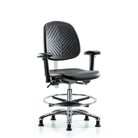Blue Ridge Ergonomics PMBCH-MB-CR-T1-A1-CF-RG-BLK Polyurethane Chair Chrome - Medium Bench Height with Medium Back, Seat Tilt, Adjustable Arms, Chrome Foot Ring, & Stationary Glides in Black Polyurethane
