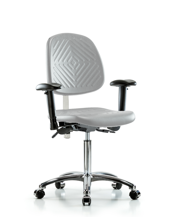 Blue Ridge Ergonomics NCR-PMBCH-MB-CR-T1-A1-NF-CC-GRY Class 100 Polyurethane Clean Room Chair - Medium Bench Height with Medium Back, Seat Tilt, Adjustable Arms, & Casters in Gray Polyurethane