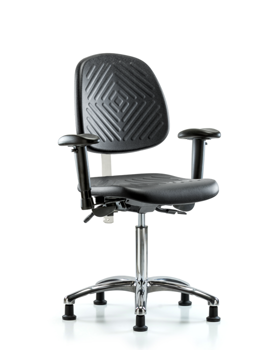 Blue Ridge Ergonomics NCR-PMBCH-MB-CR-T1-A1-NF-RG-BLK Class 100 Polyurethane Clean Room Chair - Medium Bench Height with Medium Back, Seat Tilt, Adjustable Arms, & Stationary Glides in Black Polyurethane
